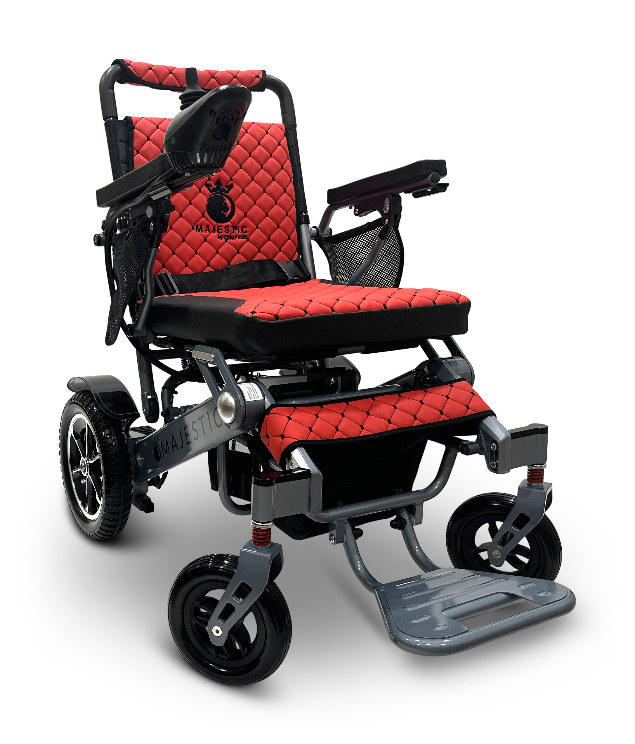 The MAJESTIC IQ-7000 Auto Folding Remote Controlled Electric Wheelchair features a red and black design with a padded seat, backrest, large rear wheels, smaller front ones, a 360-degree joystick on the armrests, and MAJESTIC emblazoned on its diamond-patterned frame.